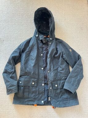 Women’s Barbour Navy Hooded Waxed Cotton Jacket with Snap Pockets